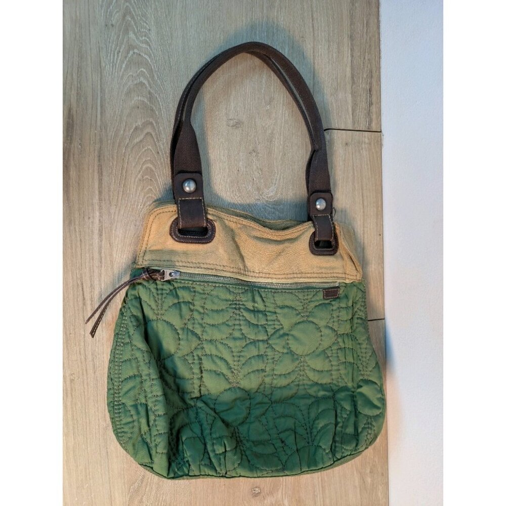 Fossil Key-Per Purse Handbag Olive Green Quilted W Tan Trim Distressed